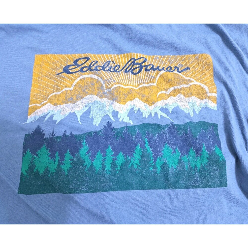 Eddie Bauer Men's Medium Mountain Forest Clouds Camping Trail Tshirt Blue Yellow